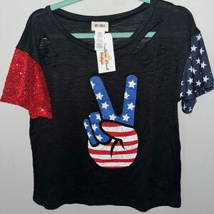 BiBi Black Tee with American Flag Peace Sign